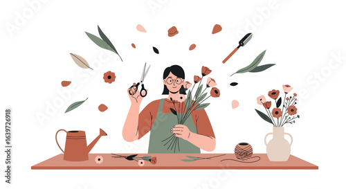 Boho style florist woman arranging flowers, decorative hand drawn illustration