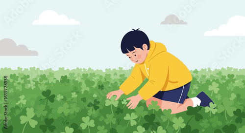Boy in a clover field looking for luck and enjoying the springtime vibes