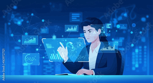 Businesswoman examining financial dashboards and data visualization display