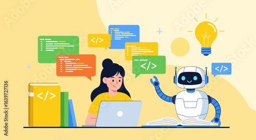 Creative collaboration of woman coder and robot for innovative learning