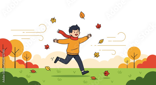 Cartoon boy in autumn scenery enjoying the breezy weather run through meadow