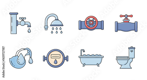 Plumbing fixtures and water system icons vector illustration