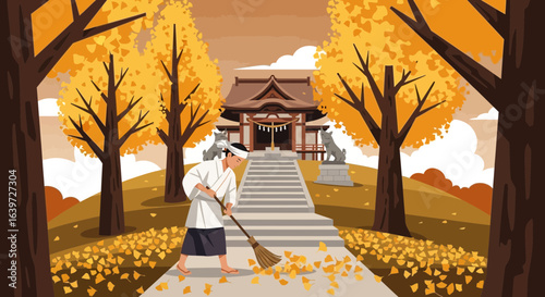 Custodian Sweeping Autumnal Ginkgo Leaves Near Temple Illustration