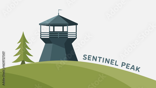 A stylized illustration of sentinel peak with a lookout tower and a coniferous tree on a hill