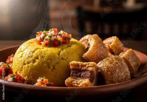 Yellow Mofongo dish topped with pico de gallo and crispy pork cracklings puerto rican food plantain