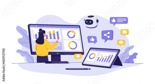 Data analysis and presentation, collaborative team with digital charts