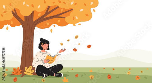 Cozy autumn reading, girl enjoys book under a vibrant foliage tree
