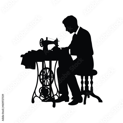 Silhouette of a man sewing on a vintage sewing machine tailor fashion clothing craft workshop