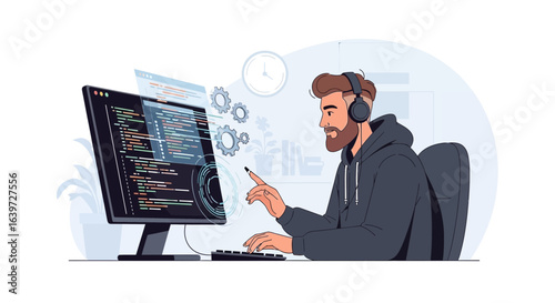 Creative developer with headphones coding on the computer during work time