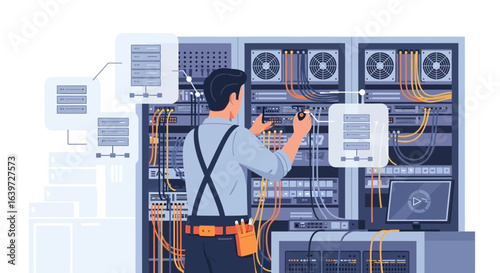 Data center technician servicing a server rack, network management concept