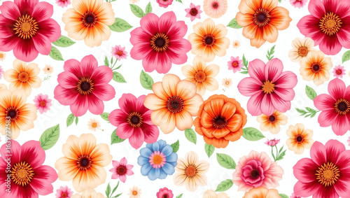 Vibrant seamless pattern of colorful watercolor flowers. Hand-painted floral background with pink and orange blossoms.