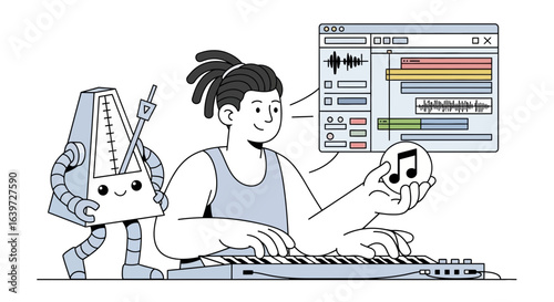 Creative music production concept with musician and metronome character