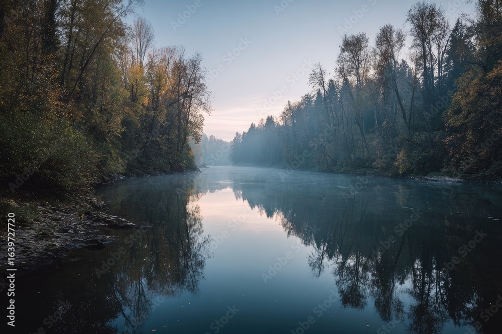 Fototapeta premium Serene River Reflection at Dusk