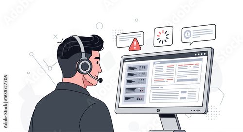 Customer support worker with headset managing support requests on computer