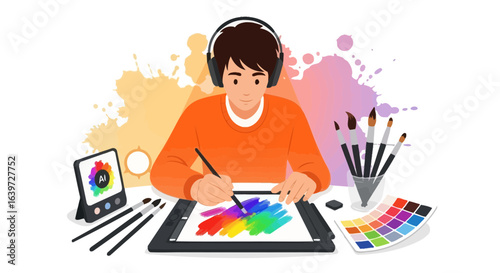 Digital artist creating colorful illustration on tablet with headphones on