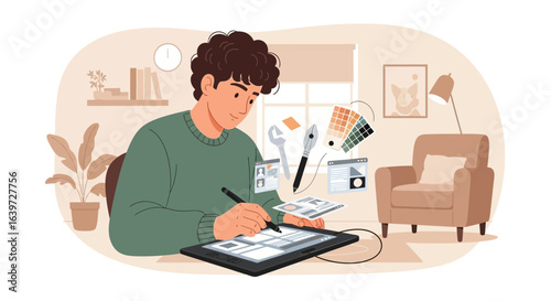 Digital artist creating interface designs in cozy home office atmosphere