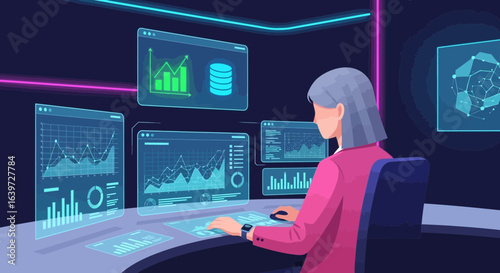 Cybernetic analyst interprets holographic data streams in a digital nexus