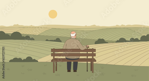 Elderly man resting on a bench observing vast fields in tranquil scenery