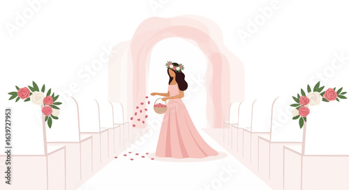 Elegant flower girl scattering petals at a delicate wedding ceremony