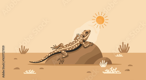 Elegant lizard illustration basking in the sun in the desert landscape scene