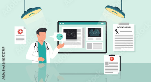 Depicts a doctor consulting patient data on computer screen with concern