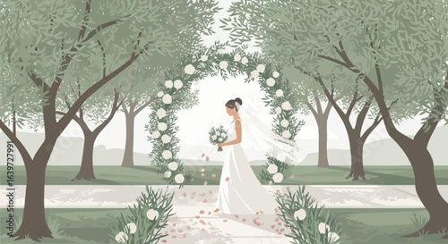 Elegant vector art illustration of bride walking down aisle during wedding