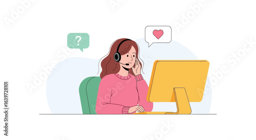 Enthusiastic female customer support representative wearing headset and computer