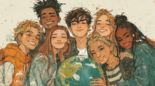 Friendly teenagers of different nationalities standing together, hugging the globe, against a background painted in watercolor style, graphic illustration, drawing, perfect for covers