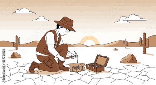 Enthusiastic paleontologist in a dusty desert excavating an ancient fossil