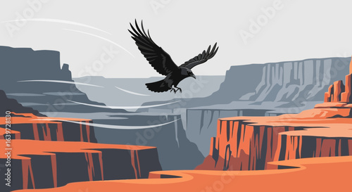 Epic raven soaring above canyons, freedom and wildlife in wilderness