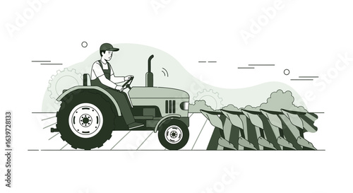 Diligent farmer in overalls plowing field with tractor under sunny skies