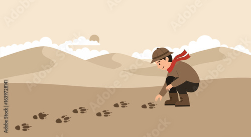 Explorer in Desert Examining Animal Tracks in Sandy Dune Landscape