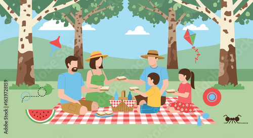 Family enjoying a beautiful picnic day in the park illustration art style