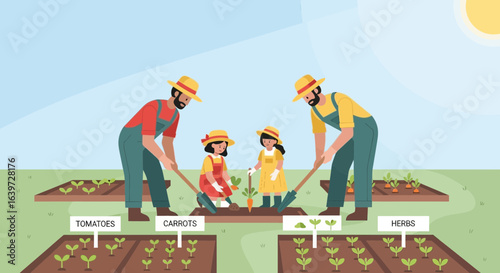 Family enjoying gardening together, growing tomatoes, carrots and herbs outdoors