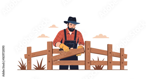 Farmer repairing or building a wooden fence, wearing gloves and overalls