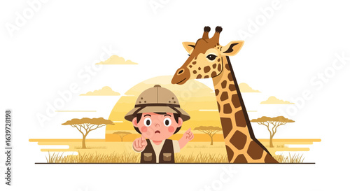 Explorer Boy and Majestic Giraffe Discover the Enchanting Savannah Landscape