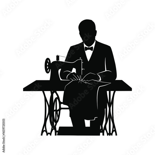 Silhouette of a Tailor Sewing on a Vintage Sewing Machine