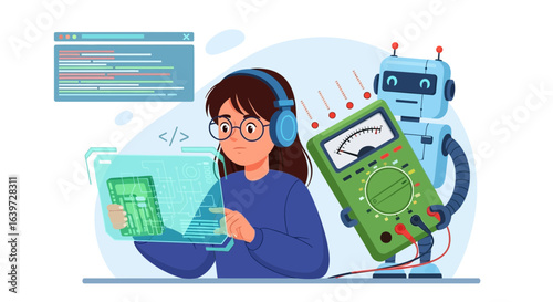 Engineering innovation a woman codes while a robot checks the circuitry
