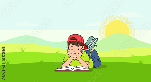 Enthralled young boy absorbed in a captivating book amid sunny meadows