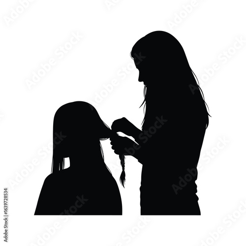 Silhouette of a woman braiding another womans hair black and white vector illustration hair styling salon braid hairstyle