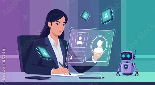 Futuristic workspace with a woman, robot, and advanced holographic interfaces