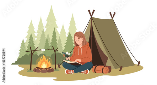 Girl enjoys the outdoors Camping Trip, reading with a campfire background