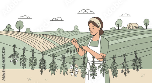 Herbalist preparing dried herbs in a rustic countryside setting vector