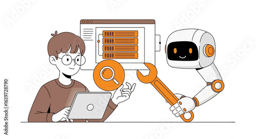 Human and robot working together to analyze data in a server network