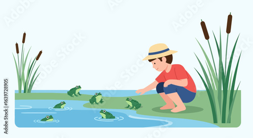 Illustrated scene of a boy observing frogs near a pond with cattails