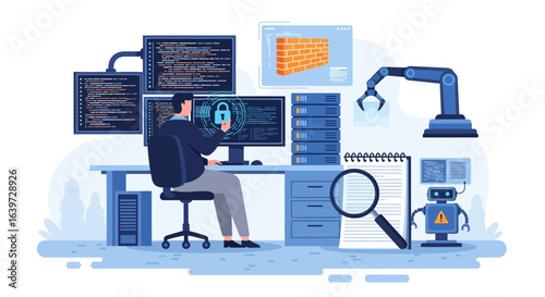 Illustration depicts cybersecurity expert securing networks using advanced technology