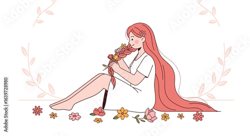 Illustration of a girl with long red hair adorned with colorful flowers