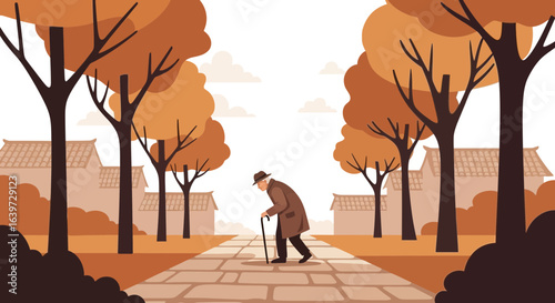 Illustration of an Elderly Man Walking in Autumn Nature Landscape with Trees