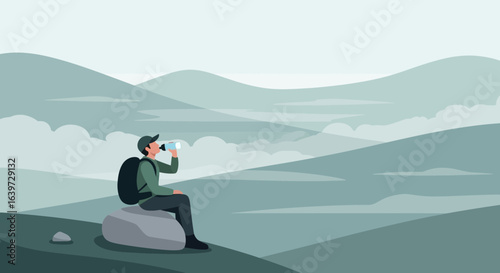 Hiker taking a Refreshing Break with Water amidst a Tranquil Mountain View