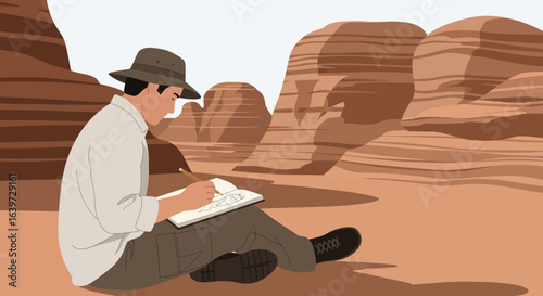 Illustrative depiction of an artist creating a landscape sketch outdoors